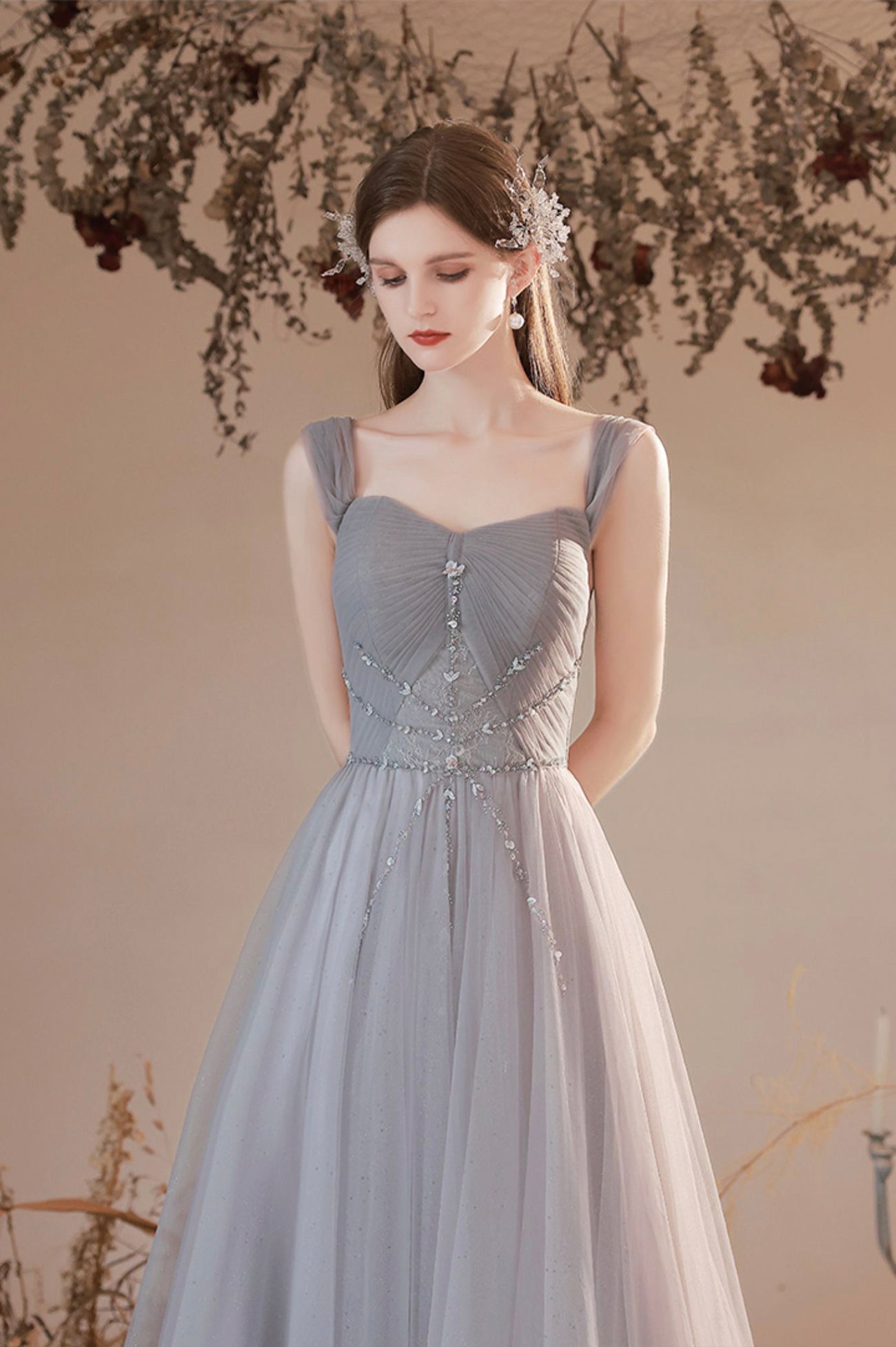 Gray Beaded Sweetheart Long Evening Prom Dress, Beautiful Gray Party Dress