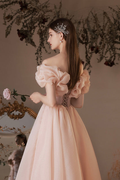 Pink Tulle Beaded Short A-Line Prom Dress, Off the Shoulder Homecoming Dress