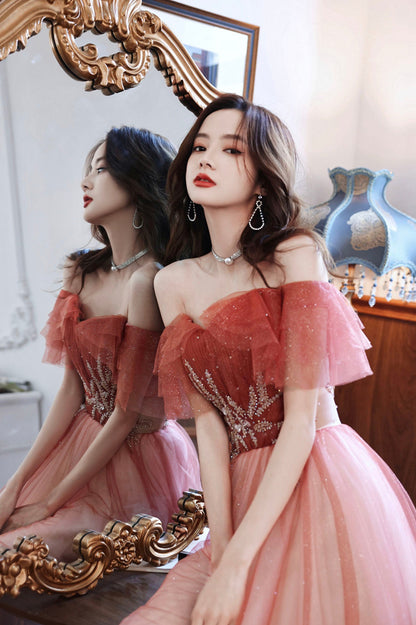 Burgundy Tulle Long A-Line Prom Dress, Off the Shoulder Graduation Dress