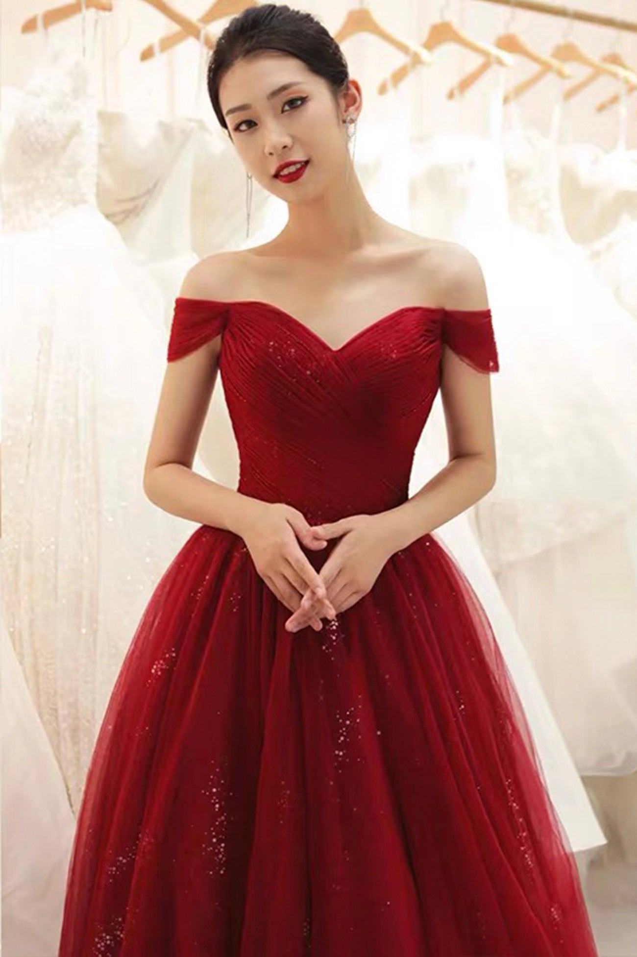 Burgundy Tulle Off the Shoulder Prom Dress, A-Line Formal Evening Dress