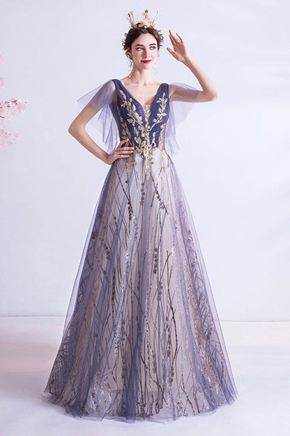 Purple V-Neck Tulle Sequins Long Prom Dress, A-Line Evening Party Dress