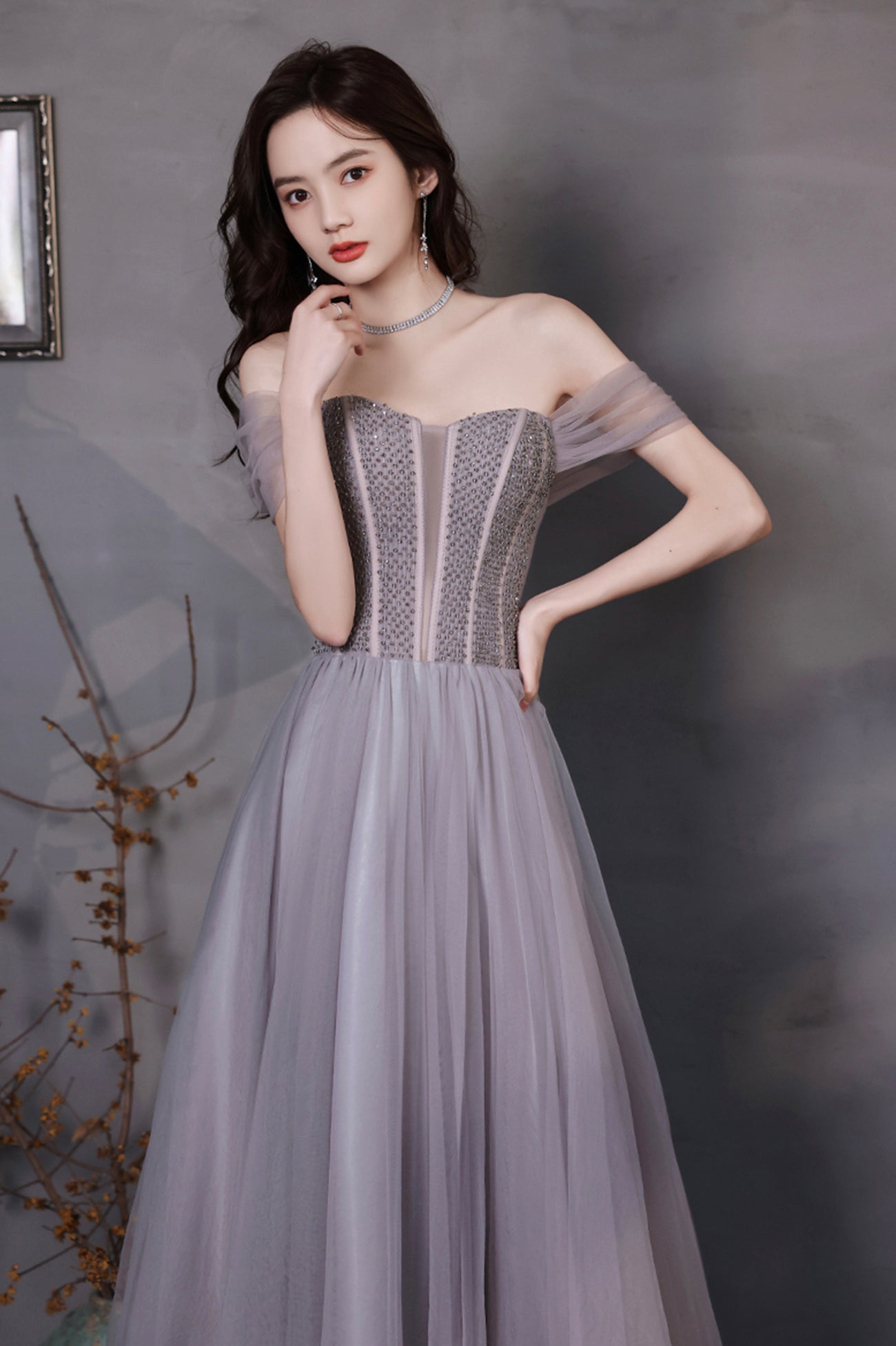 A-Line Tulle Long Prom Dress with Beaded, Purple Evening Graduation Dress