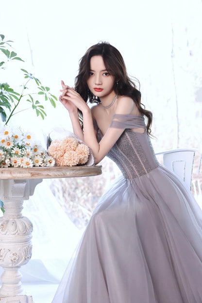A-Line Tulle Long Prom Dress with Beaded, Purple Evening Graduation Dress