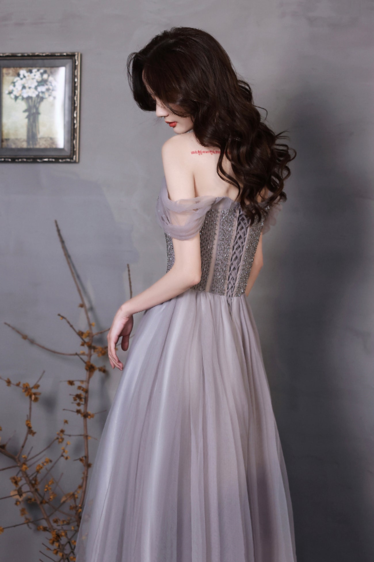 A-Line Tulle Long Prom Dress with Beaded, Purple Evening Graduation Dress