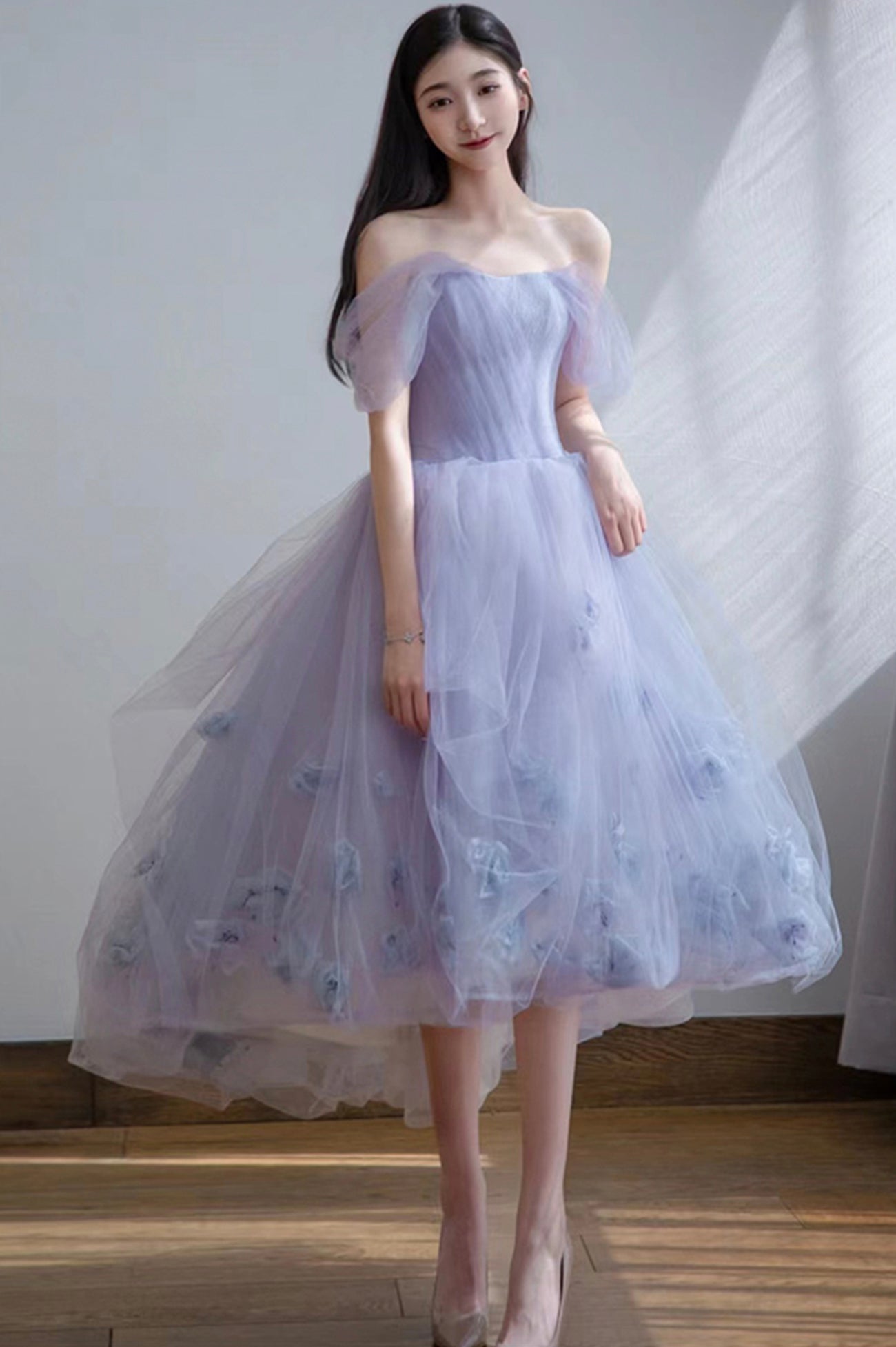 Cute Tulle Short A-Line Prom Dress, Purple Off the Shoulder Evening Dress