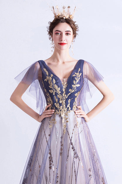 Purple V-Neck Tulle Sequins Long Prom Dress, A-Line Evening Party Dress