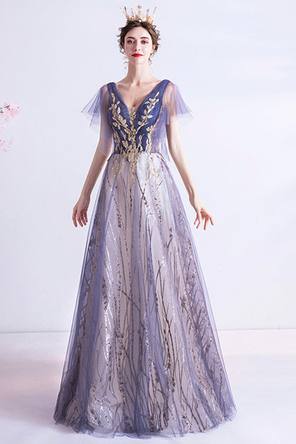 Purple V-Neck Tulle Sequins Long Prom Dress, A-Line Evening Party Dress