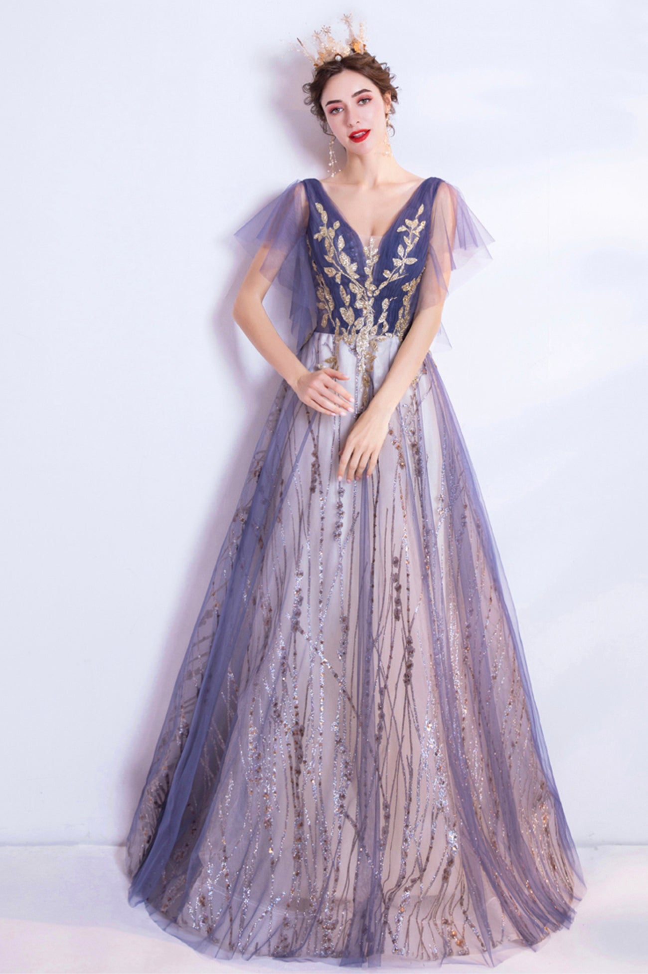 Purple V-Neck Tulle Sequins Long Prom Dress, A-Line Evening Party Dress