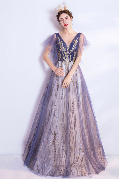Purple V-Neck Tulle Sequins Long Prom Dress, A-Line Evening Party Dress
