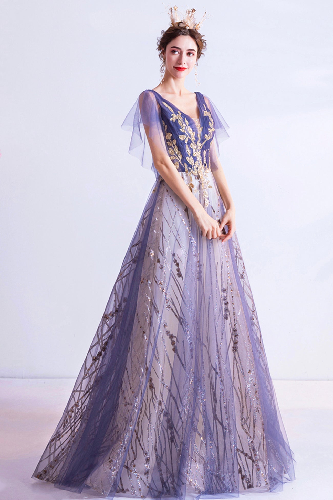 Purple V-Neck Tulle Sequins Long Prom Dress, A-Line Evening Party Dress