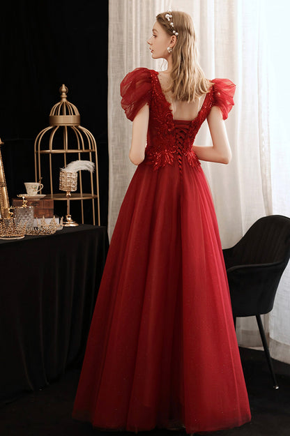 Burgundy Lace Long Prom Dress with Sequins, Cute Puff Sleeve Graduation Dress