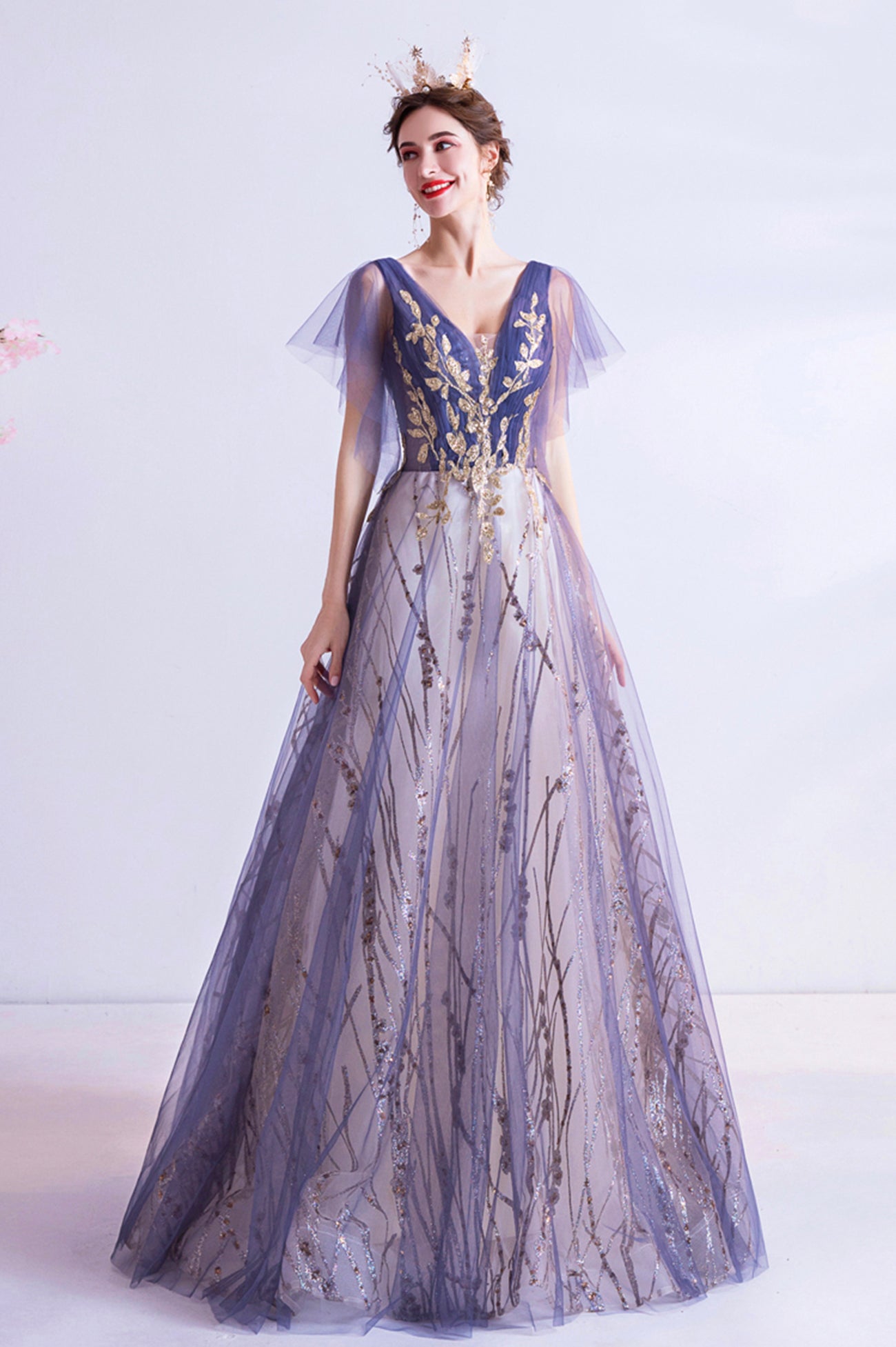 Purple V-Neck Tulle Sequins Long Prom Dress, A-Line Evening Party Dress