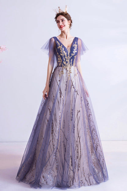 Purple V-Neck Tulle Sequins Long Prom Dress, A-Line Evening Party Dress