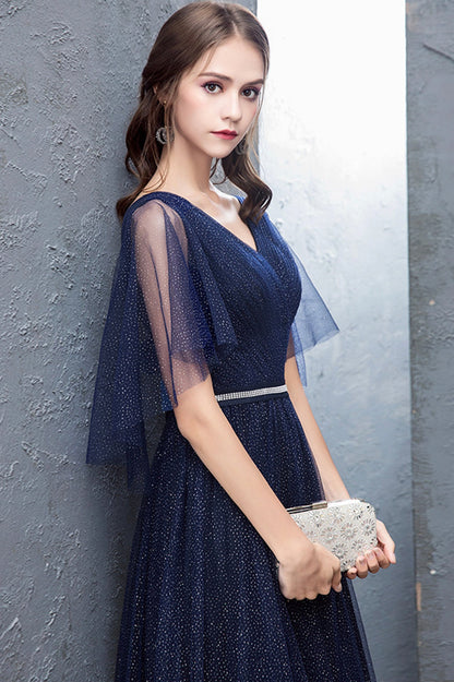 Blue Tulle Long A-Line Prom Dress, Cute V-Neck Graduation Dress