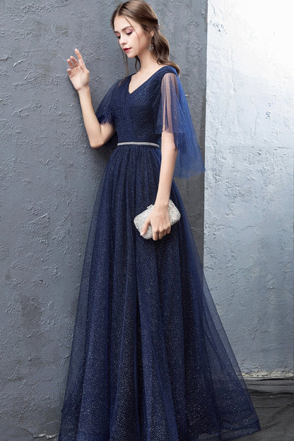 Blue Tulle Long A-Line Prom Dress, Cute V-Neck Graduation Dress