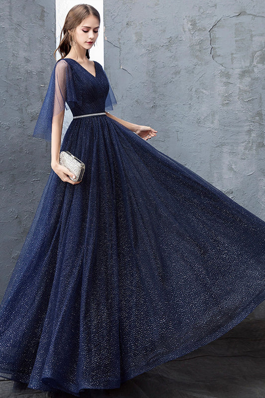 Blue Tulle Long A-Line Prom Dress, Cute V-Neck Graduation Dress