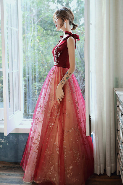 Burgundy V-Neck Velvet Long Prom Dress, A-Line Evening Party Dress