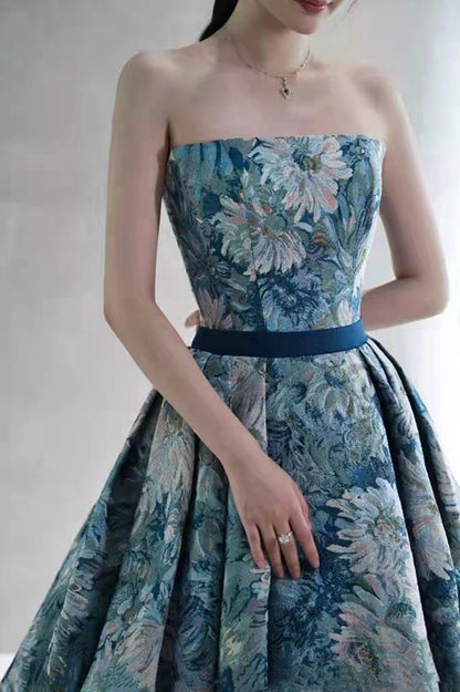 Blue Printed Strapless Ball Gown, A-Line Off the Shoulder Formal Dress