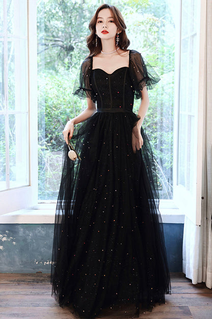 Black Tulle Sequins Long Prom Dress, Black Short Sleeve Evening Dress