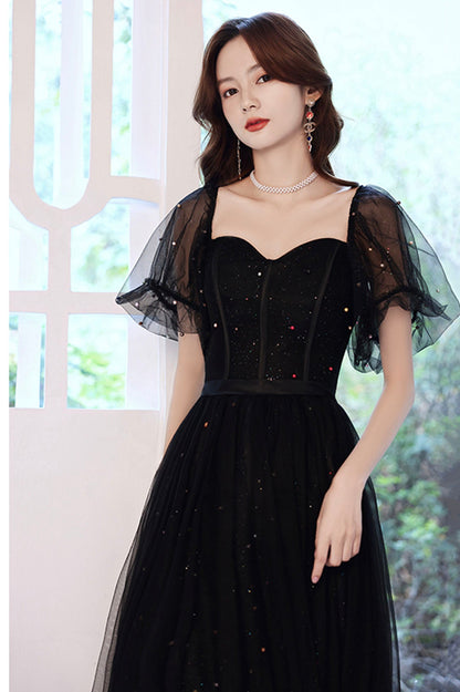 Black Tulle Sequins Long Prom Dress, Black Short Sleeve Evening Dress