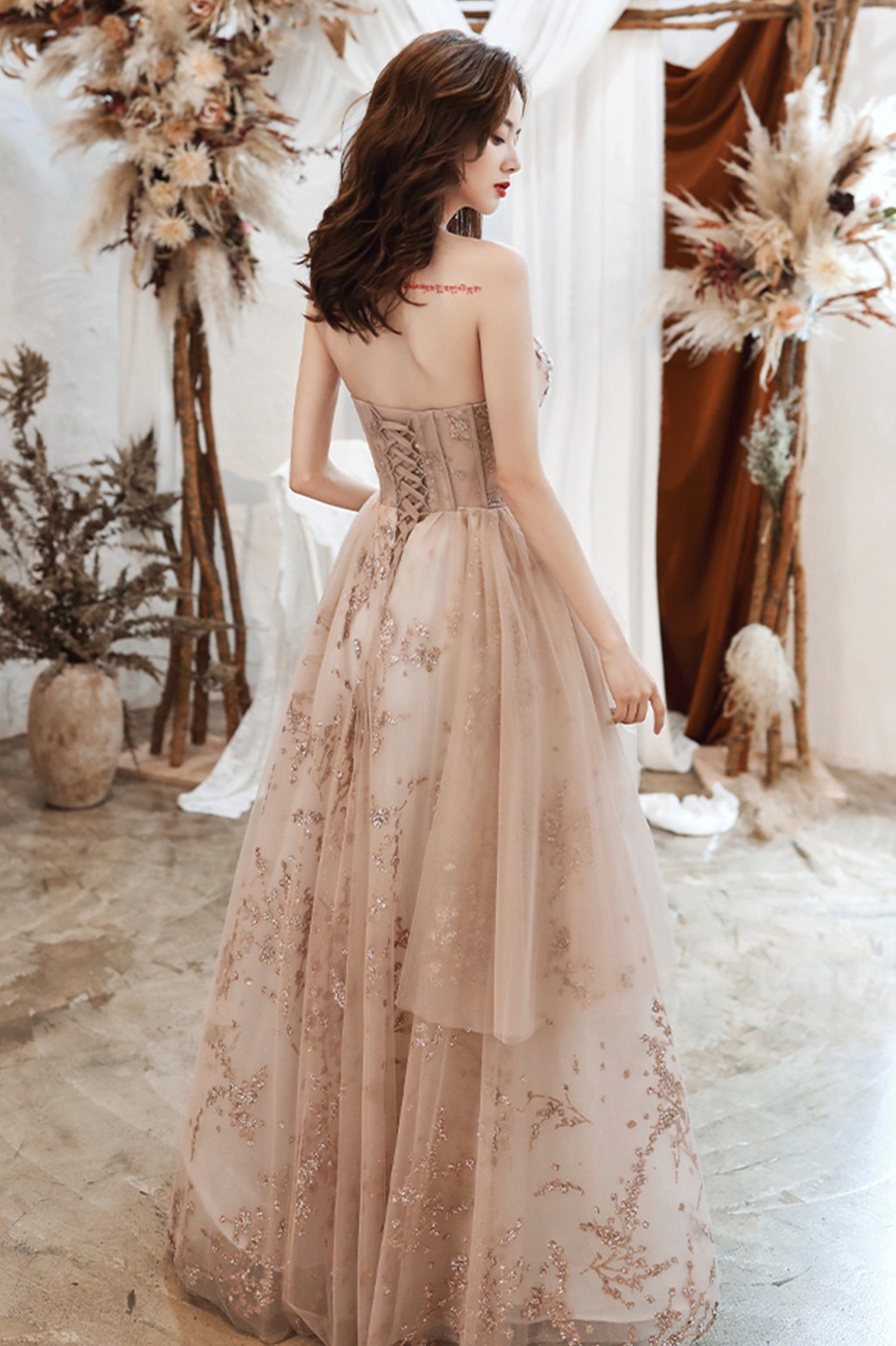 Cute Strapless Tulle Sequins Long Prom Dress, A-Line Graduation Dress