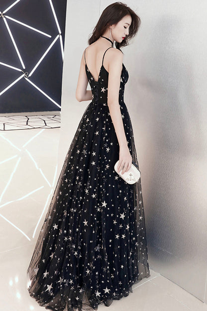 Black V-Neck Tulle Long Prom Dress, Cute A-Line Evening Dress with Stars