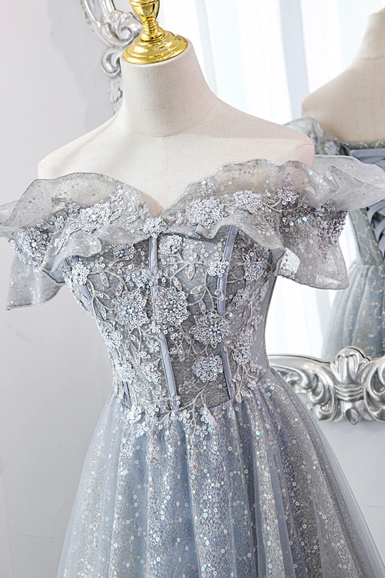Gray Tulle Sequins Long A-Line Prom Dress, Beautiful Off the Shoulder Graduation Dress