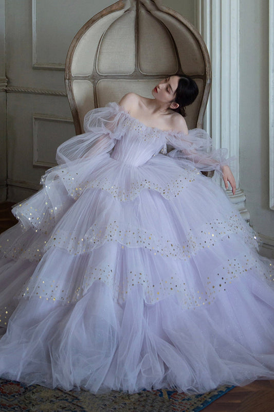 Purple Tulle Layers Long A-Line Prom Dress, Off the Shoulder Evening Gown