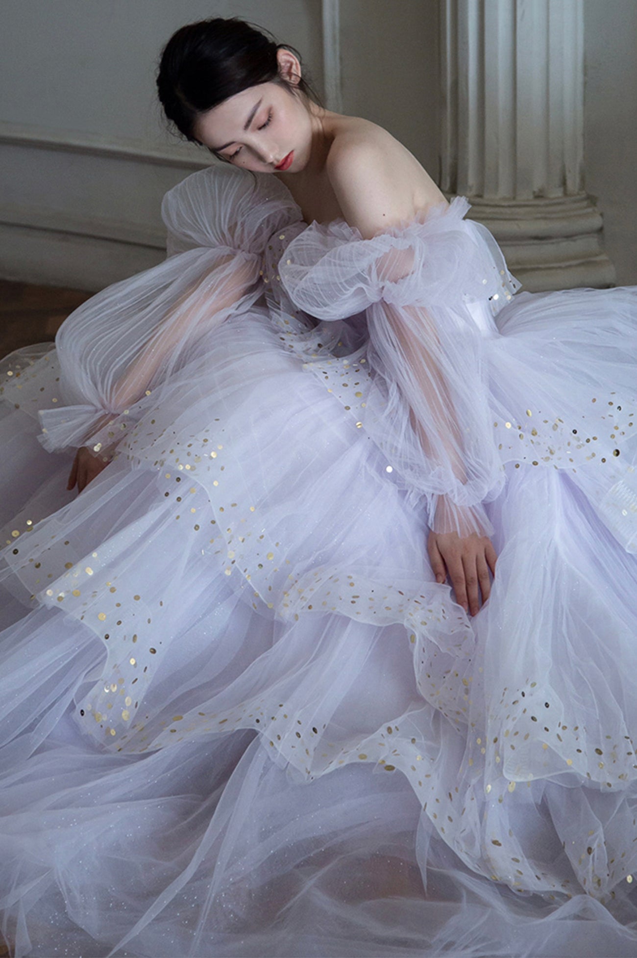 Purple Tulle Layers Long A-Line Prom Dress, Off the Shoulder Evening Gown