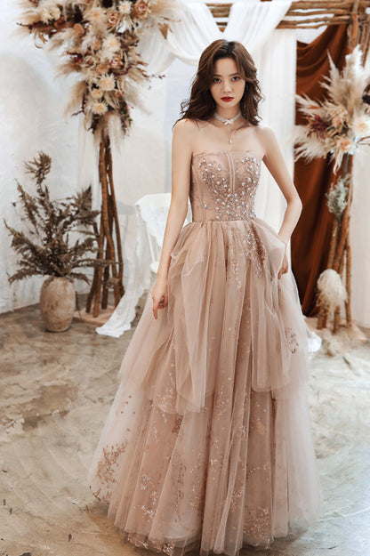 Cute Strapless Tulle Sequins Long Prom Dress, A-Line Graduation Dress