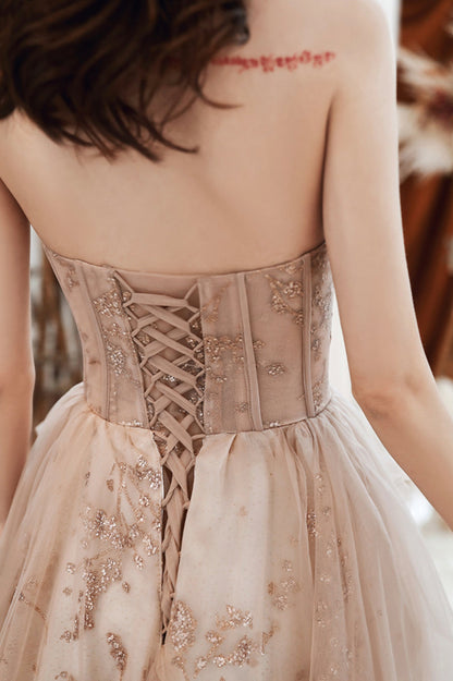 Cute Strapless Tulle Sequins Long Prom Dress, A-Line Graduation Dress