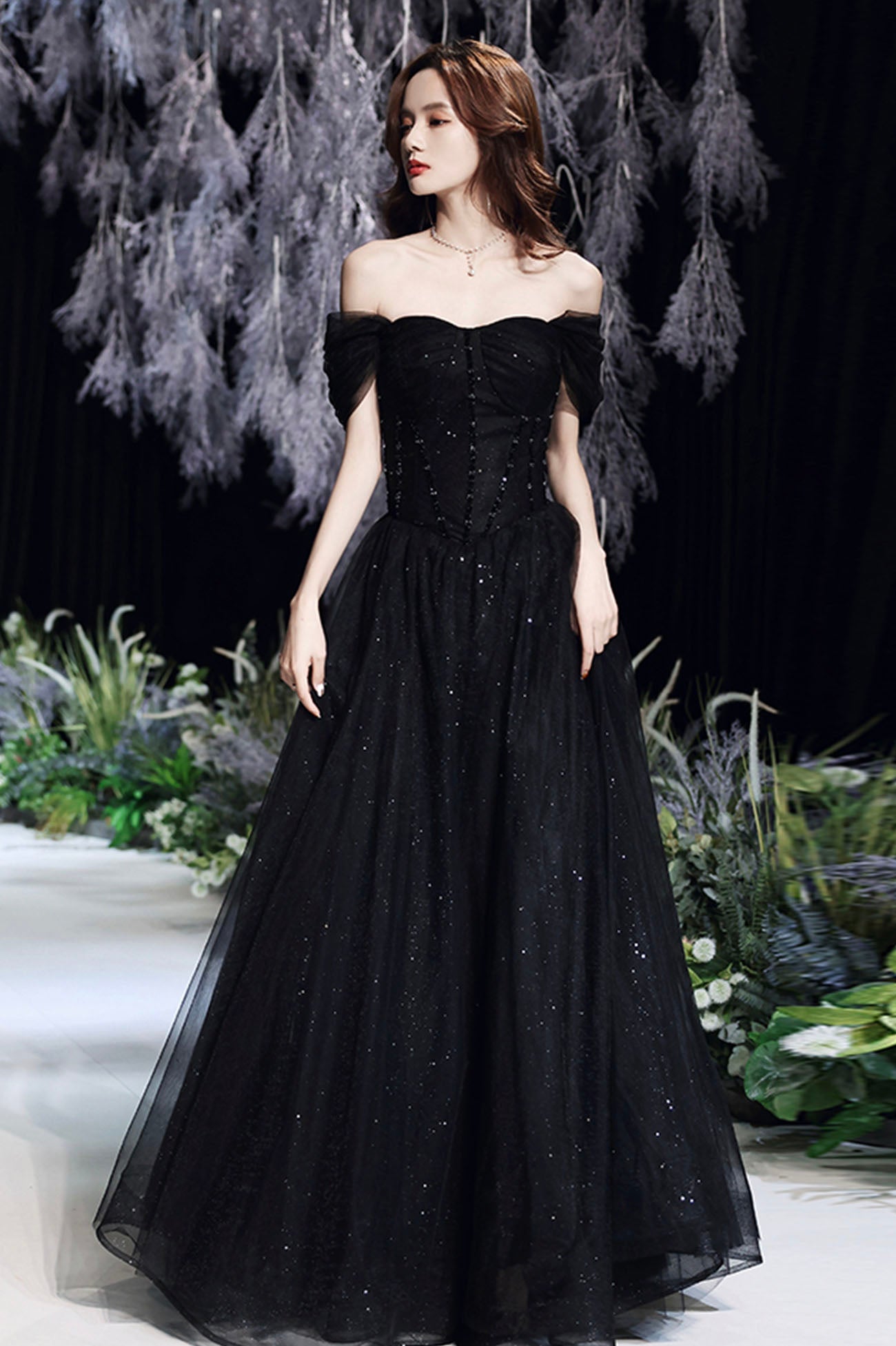 Black Tulle Sequins Long Prom Dress, A-Line Evening Party Dress