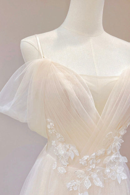 Champagne Tulle Long Prom Dress with Lace, Off the Shoulder Evening Dress