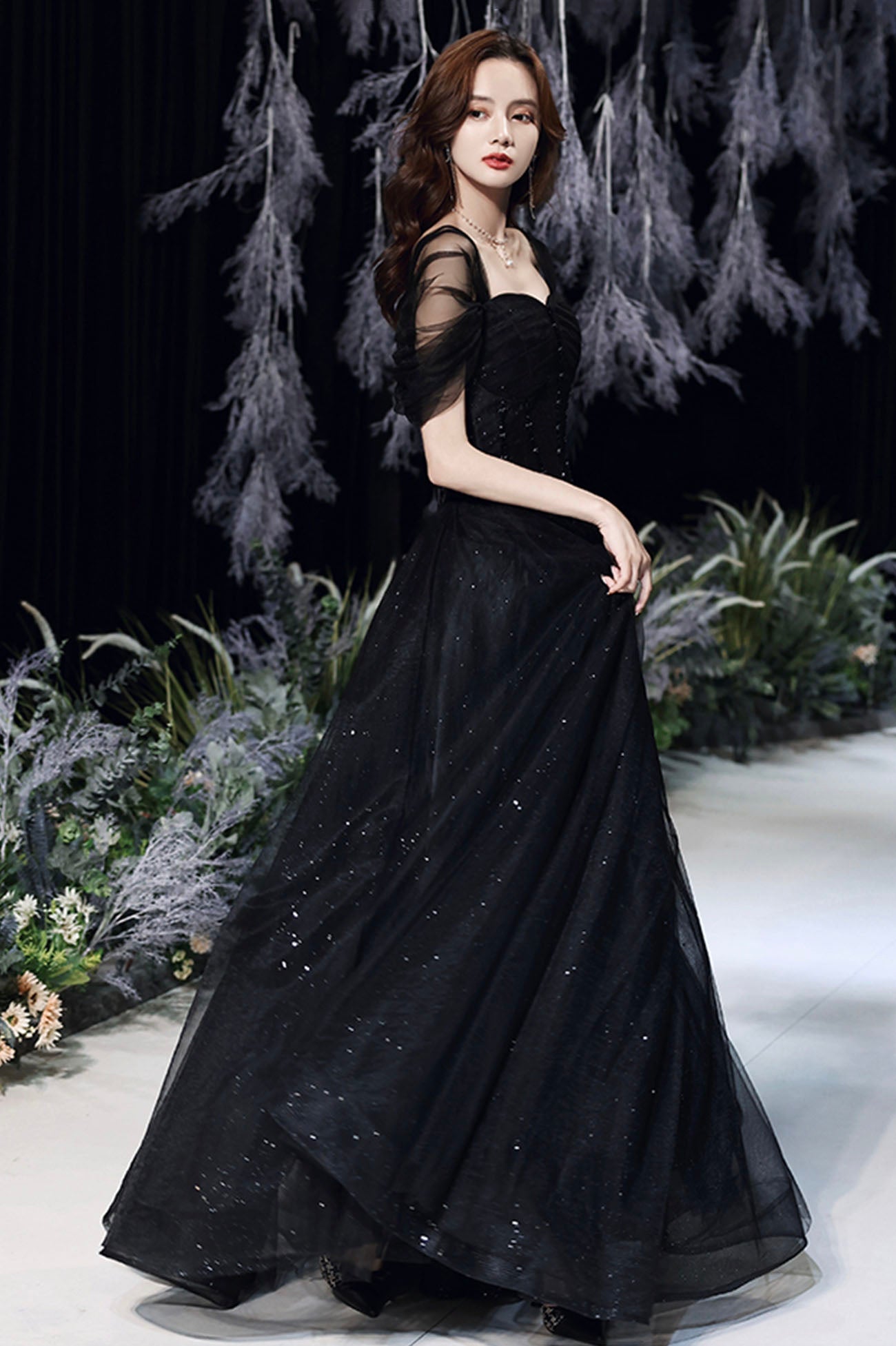 Black Tulle Sequins Long Prom Dress, A-Line Evening Party Dress