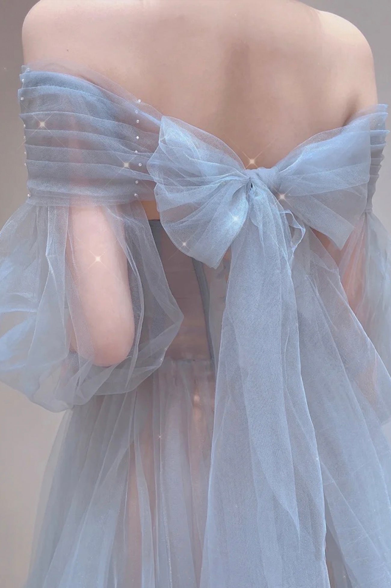Blue Tulle Long A-Line Prom Dress, Blue Off the Shoulder Evening Party Dress