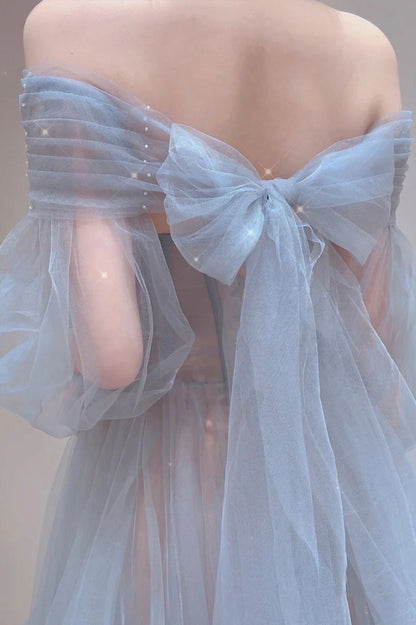 Blue Tulle Long A-Line Prom Dress, Blue Off the Shoulder Evening Party Dress