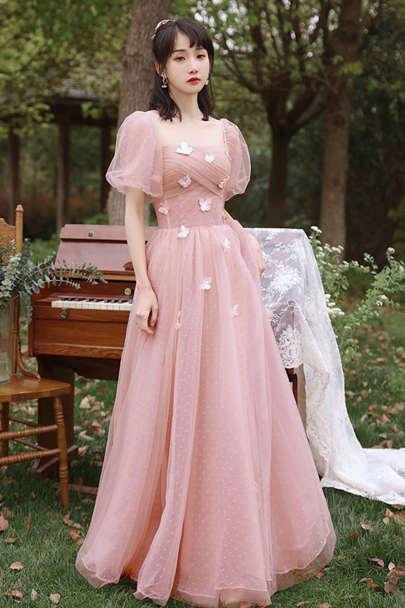 Pink Tulle Long A-Line Prom Dress, Cute Pink Evening Party Dress