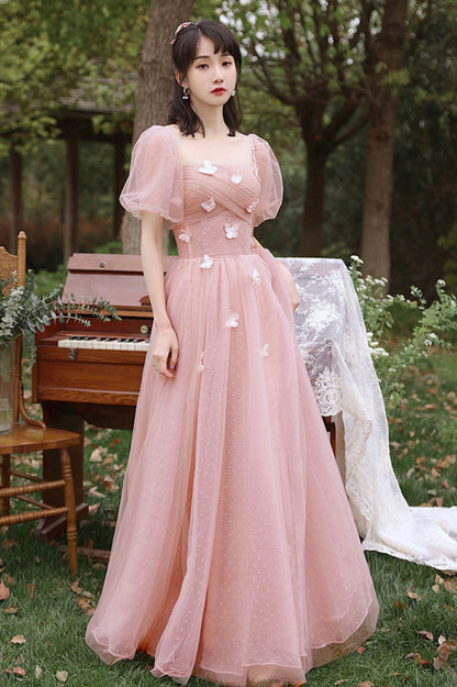 Pink Tulle Long A-Line Prom Dress, Cute Pink Evening Party Dress