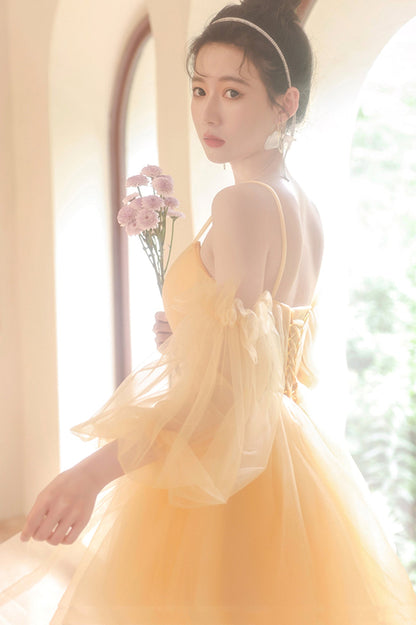 Yellow Tulle Short A-Line Prom Dress, Yellow Homecoming Party Dress