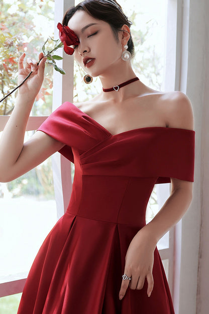 Vestido de fiesta de satén rojo con corte en A y largo hasta el suelo, vestido de noche con hombros descubiertos y bolsillo.