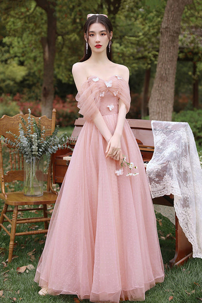 Pink Tulle Long A-Line Prom Dress, Cute Pink Evening Party Dress