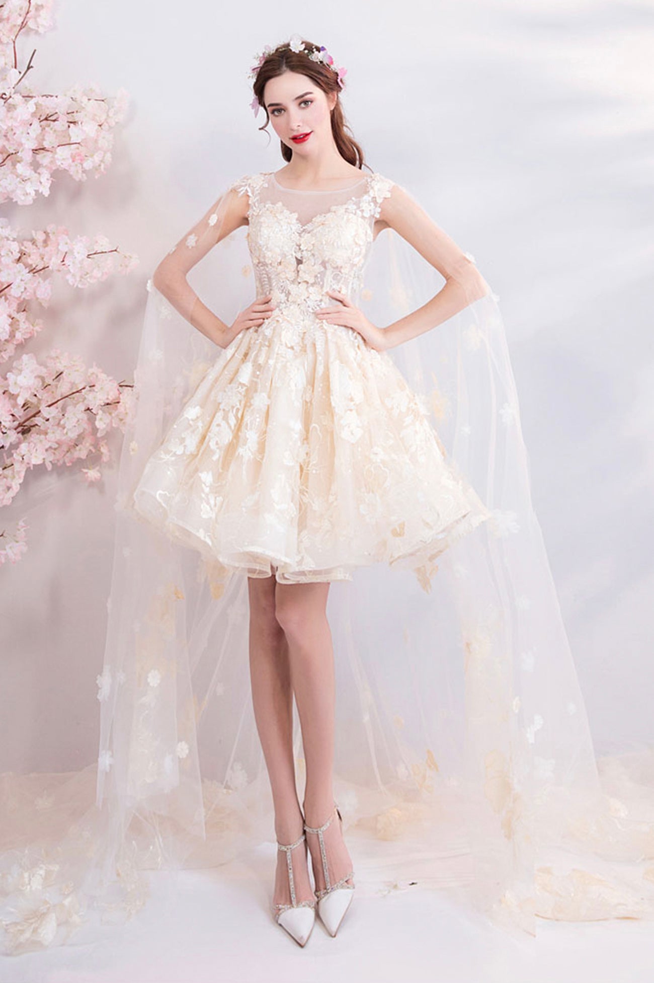 Champagne Scoop Neckline Lace Short Prom Dress, A-Line Homecoming Party Dress