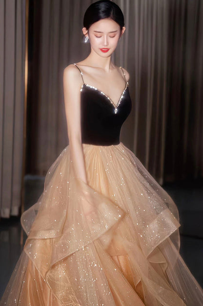 Elegante vestido de fiesta largo de tul y terciopelo, vestido de noche de corte A con espalda abierta