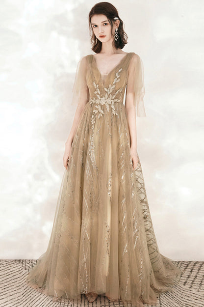 Champagne V-Neck Tulle Sequins Long Prom Dress, A-Line Party Dress