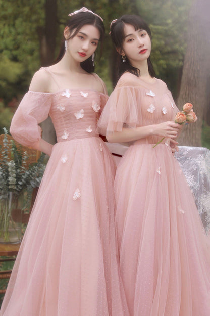 Pink Tulle Long A-Line Prom Dress, Cute Pink Evening Party Dress