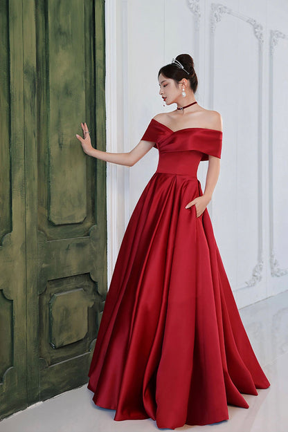 Vestido de fiesta de satén rojo con corte en A y largo hasta el suelo, vestido de noche con hombros descubiertos y bolsillo.