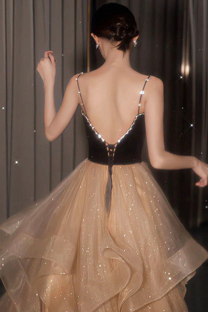 Elegante vestido de fiesta largo de tul y terciopelo, vestido de noche de corte A con espalda abierta