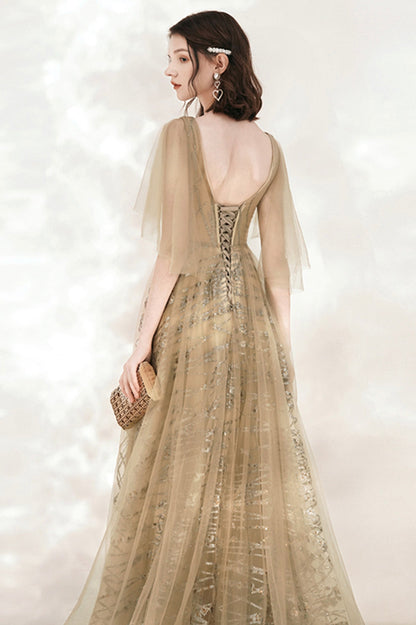 Champagne V-Neck Tulle Sequins Long Prom Dress, A-Line Party Dress