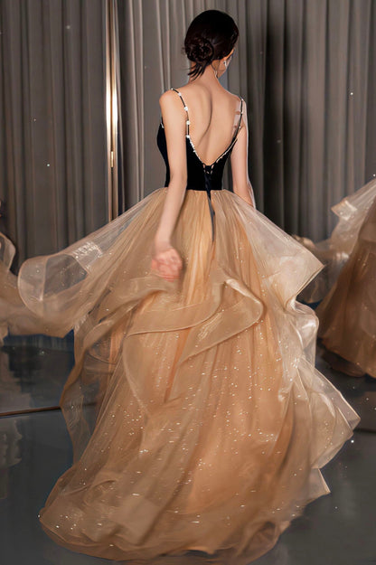 Elegante vestido de fiesta largo de tul y terciopelo, vestido de noche de corte A con espalda abierta