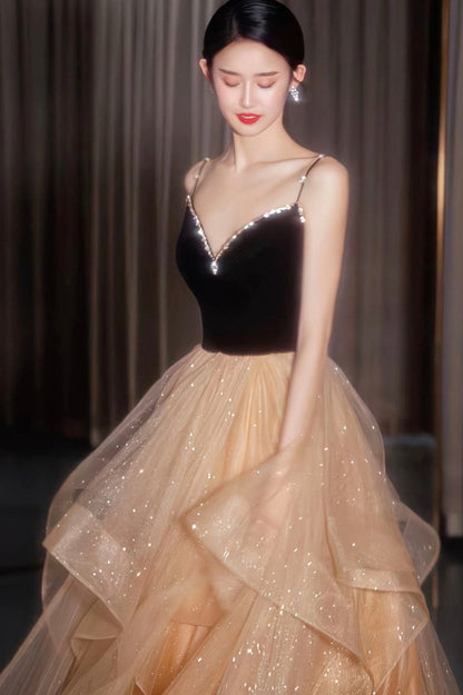 Elegante vestido de fiesta largo de tul y terciopelo, vestido de noche de corte A con espalda abierta
